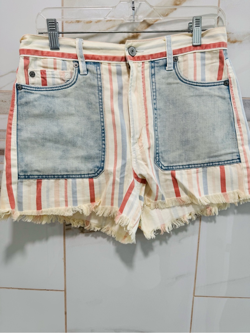 American Eagle Striped Denim Patchwork Cutoff Shorts Women’s Size 8 Festival Y2K - Picture 7 of 13